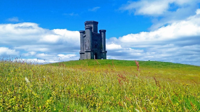 A view of Paxton's Tower through with meadow grassland in the foreground